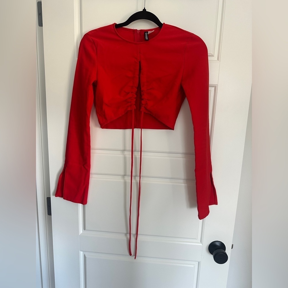 Divided Red Ruched Crop Blouse with Tie Front